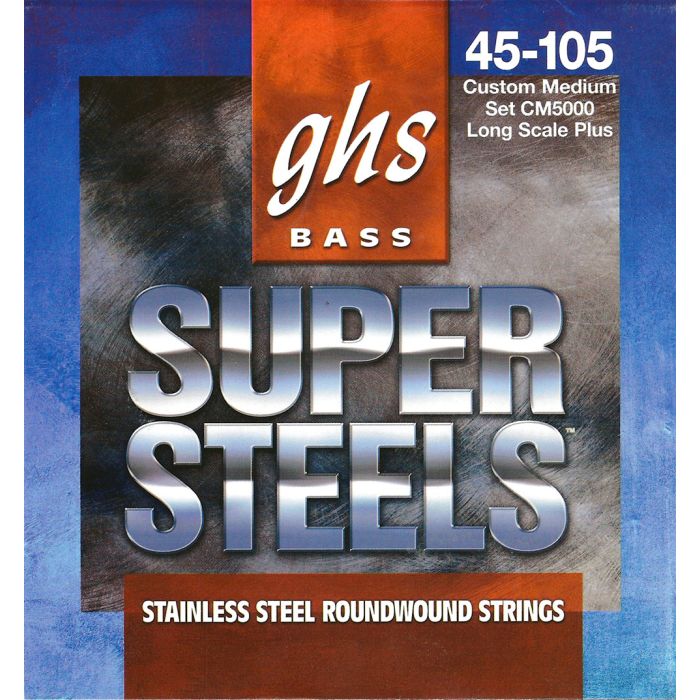 GHS Strings CM5000 4-String Super Steels™, Stainless Steel Bass Strings, Long Scale, Custom Medium (.045-.105)