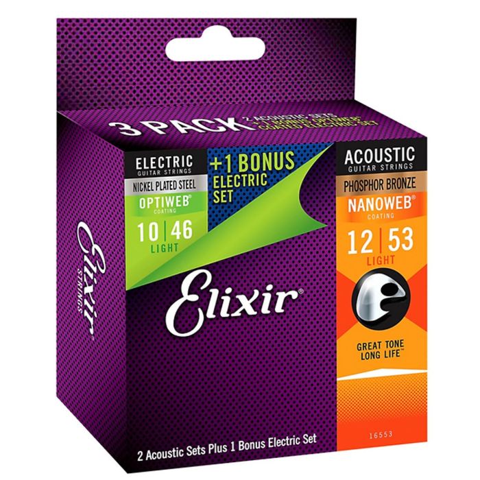 Elixir 16553 3 set Pack! 2 Nanoweb Phosphor Bronze Light Acoustic & 1 Electric Guitar strings