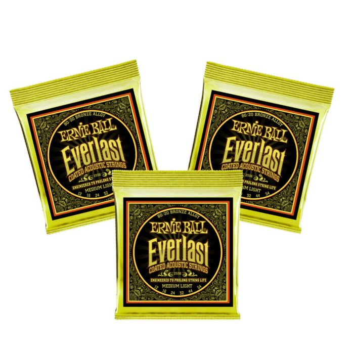 Ernie Ball EVERLAST MED/LIGHT COATED 80/20 BRONZE STRINGS 3 sets 749699125563