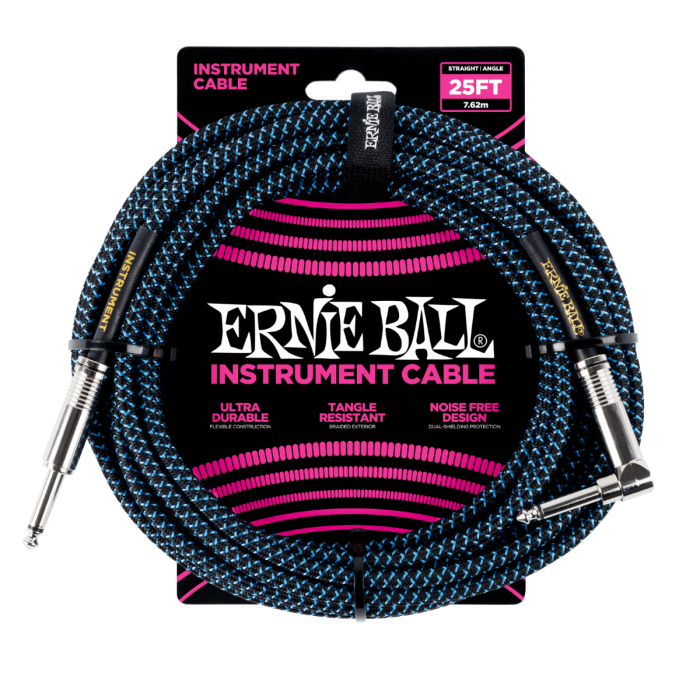 Ernie Ball PO6060 Braided Instrument Cable 25 Ft. BLACK/BLUE