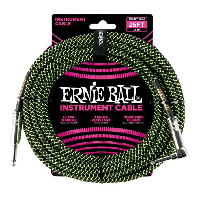 Ernie Ball P06066 Braided Instrument Cable 25 Ft. BLACK/GREEN UPC 749699160663