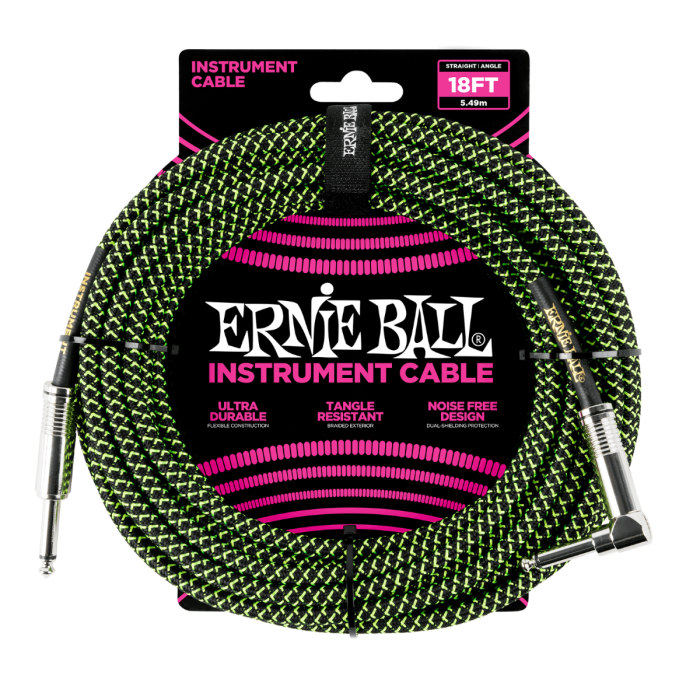 Ernie Ball PO6082 Braided Instrument Cable BLACK/GREEN 18 Ft. UPC 749699100362