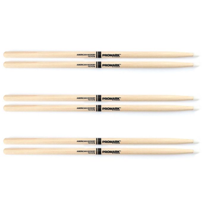 ProMark TX747N (3 pairs) HICKORY NYLON TIP Drum Sticks - "ROCK"