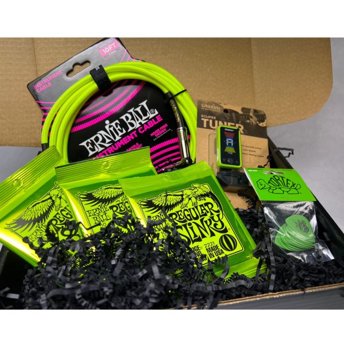 Ernie Ball Regular Slinky, Braided Cable, Tuner & Guitar Picks Green Gift Bundle