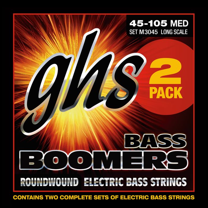 GHS Strings M3045-2, 4-String Bass Boomers(R), Nickel-Plated Electric Bass Strings, Long Scale, Medium, 2 Pack (.045-.105)