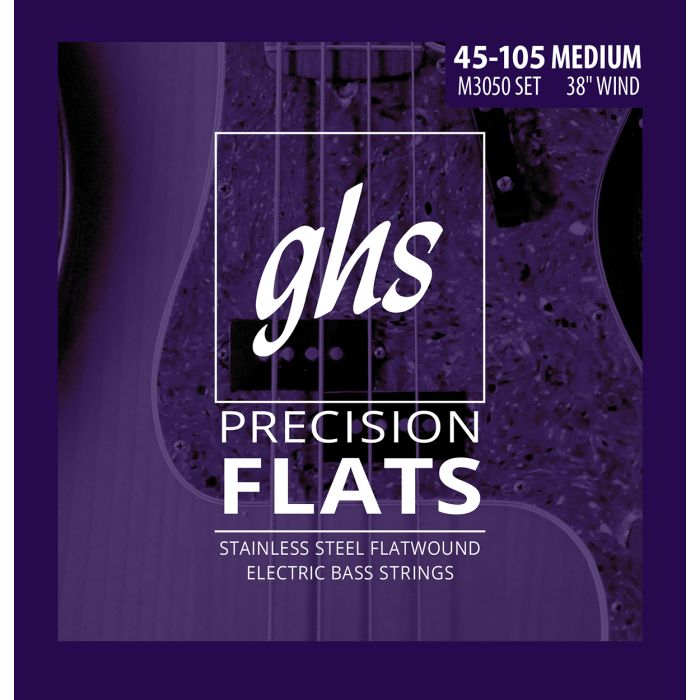 GHS Strings M3050 4-String Precision Flatwound™, Stainless Steel Flat Wound Bass Strings, Long Scale Plus (.045-.105)