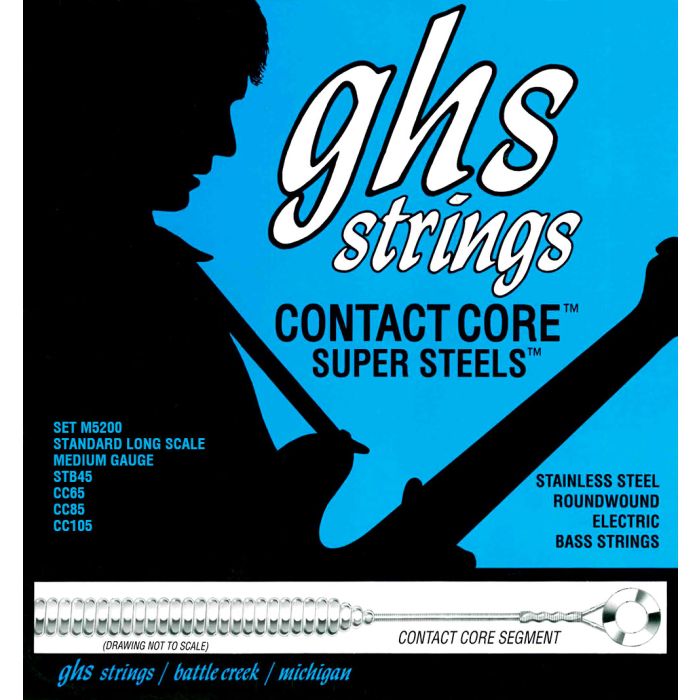 GHS Strings M5200 4-String Contact Core(TM) Super Steels(TM), Stainless Steel Bass Strings, Long Scale, Medium (.045-.105)