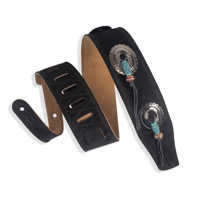 Levy's Guitar MS26SF-BLK Suede Guitar Strap With Conchos Turquoise-Colored Santa Fe Beads.