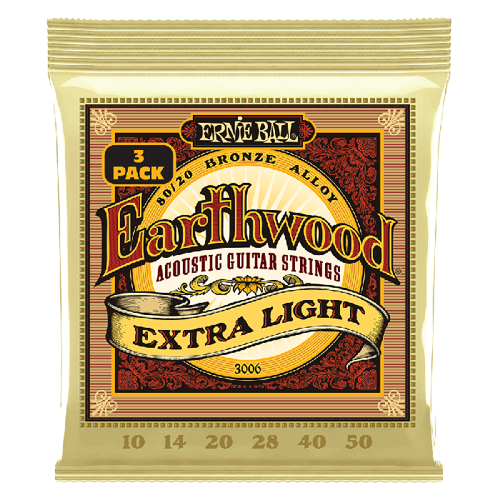 Ernie Ball P03006 Ext. Light Earthwood 80/20 Bronze Acoustic Guitar Strings 3 Pk