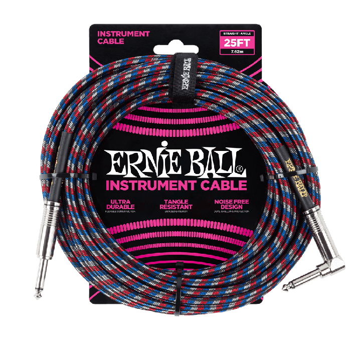 Ernie Ball 6063 25ft Braided Straight / Angle Cable - Black / Red / Blue / White