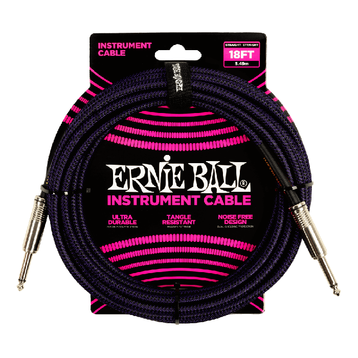ERNIE BALL BRAIDED INSTRUMENT CABLE STRAIGHT/STRAIGHT 18FT - PURPLE/BLACK P06395