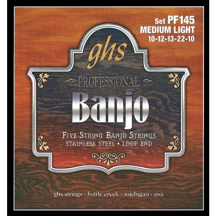 GHS Strings PF145 5-String Banjo Strings, Stainless Steel, Medium Light (.010-.022)