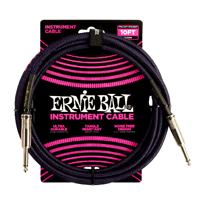 ERNIE BALL BRAIDED INSTRUMENT CABLE STRAIGHT/STRAIGHT 10FT - PURPLE/BLACK P06393