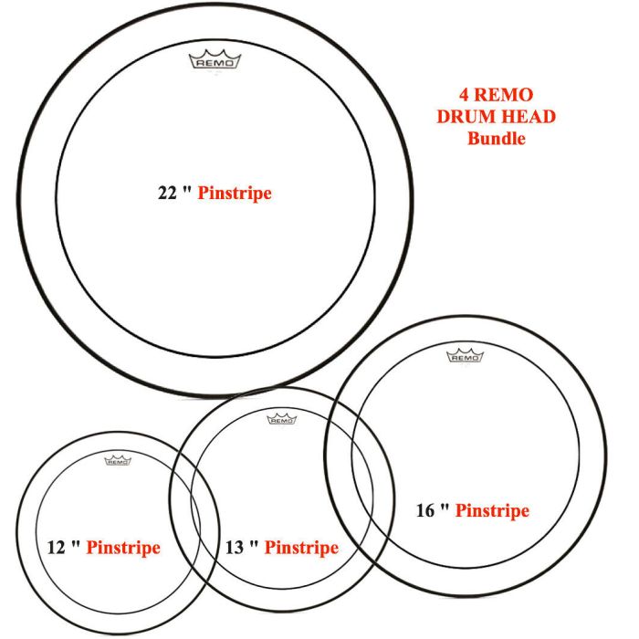 REMO Pinstripe Clear Drumhead - 4 Pack - includes 12" 13" 16" & 22" Drum Head