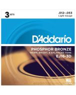 DAddario EJ16-3D Phosphor Bronze Light Acoustic Strings (Pack of 3 Sets)