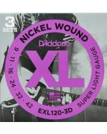 D'Addario EXL120-3D Nickel Wound Electric Guitar Strings, Super Light 3 Sets
