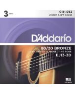 D'Addario EJ13-3D 80/20 Bronze Acoustic Guitar Strings 3 Complete Sets