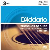 DAddario EJ16 Phosphor Bronze Light Acoustic Strings (Pack of 3 Sets)