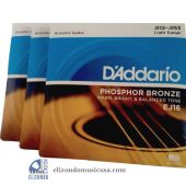 D'Addario EJ16 3 Individual Sets Phosphor Bronze Light Acoustic Guitar Strings 019954141295