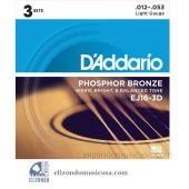 D'Addario EJ16 3 Individual Sets Phosphor Bronze Light Acoustic Guitar Strings 019954141295