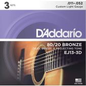 D'Addario EJ13-3D 80/20 Bronze Acoustic Guitar Strings 3 Complete Sets