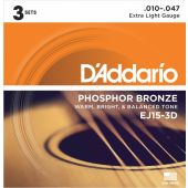 D'Addario 3 Set Pk. EJ15-3D Extra Light Acoustic Guitar Strings 