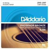 D'Addario EJ38 Phosphor Bronze 12 String Guitar Strings, Light 