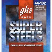 GHS Strings ML5000 4-String Super Steels™, Stainless Steel Bass Strings, Long Scale Plus, Medium Light (.044-.102)
